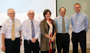 GRANT PRESENTATION CEREMONY: (From left) NUS Department of Psychology's Prof Richard Ebstein, NUS Deputy President (Research and Technology) Prof Barry Halliwell, Head of the AXA Research Fund Mrs Anne-Juliette Hermant, NUS Department of Economics' Prof Chew Soo Hong and CEO of AXA Life Singapore Mr Glenn Williams at the AXA University Asia Pacific Campus on 2 December 2010 