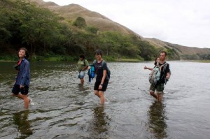 Trekking through the Sigatoka river to get to our site