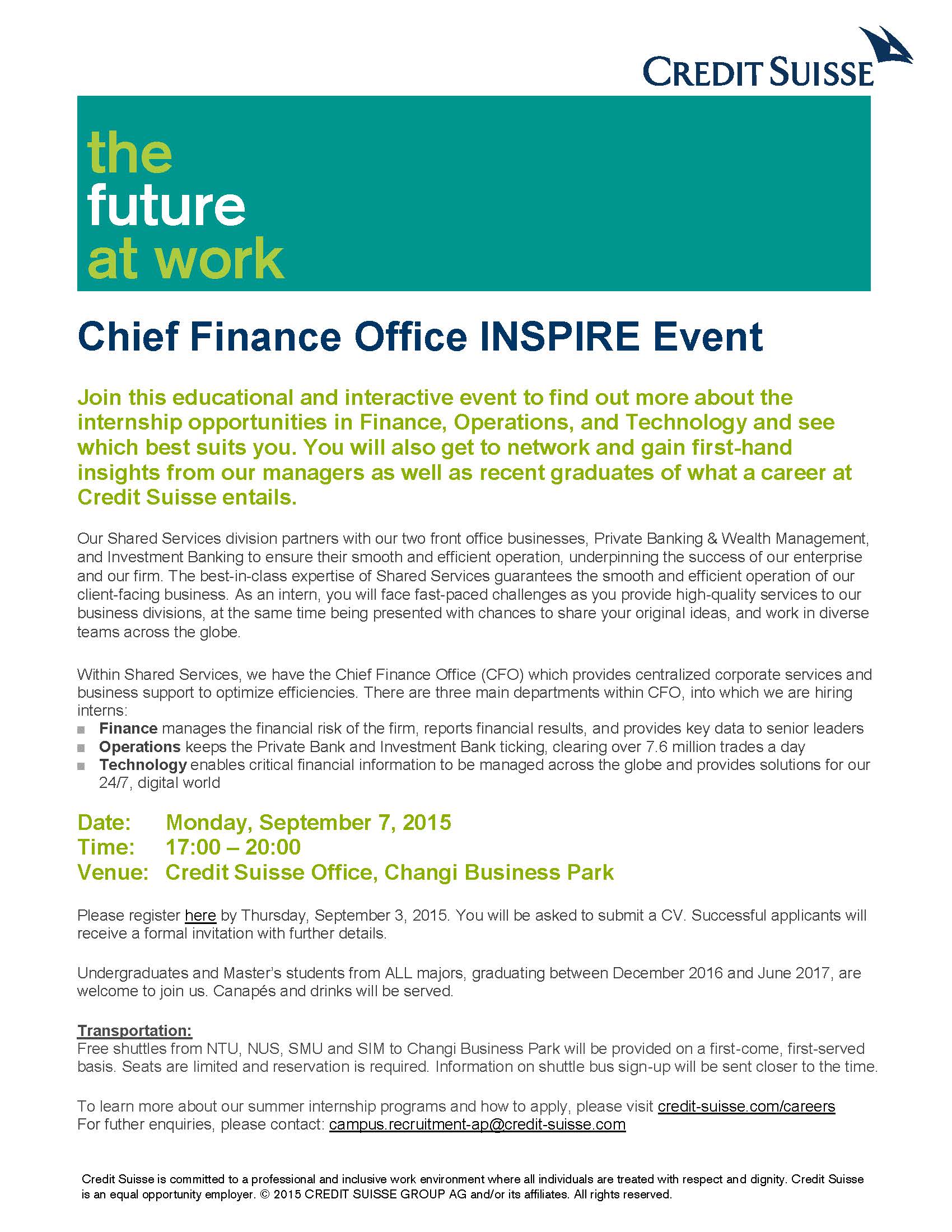 SIGN UP NOW Credit Suisse Chief Finance Office INSPIRE Event -  September 7 2015