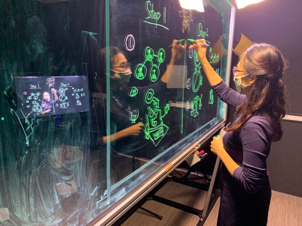 Image of librarian illustrating points using florescent markers