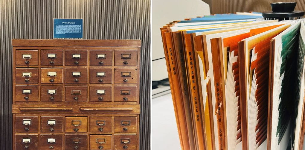 Retired library technologies on display: chest of drawers for card catalogue (left) and albums containing microfiches (right). The Library of Congress describes the card catalogue beautifully – a “venerated chest of small drawers that contained the known universe”. 
