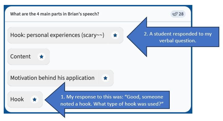 A screenshot of Poll Everywhere short answer responses showing an example of a student’s online response to my in-person verbal question.